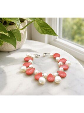 Vintage Teng Yue Coral-Coloured Shell & Freshwater Pearl Bracelet